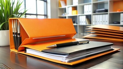 A bright orange folder with a black cover lies open, revealing neatly organized documents and papers, surrounded by pens and a modern office background.