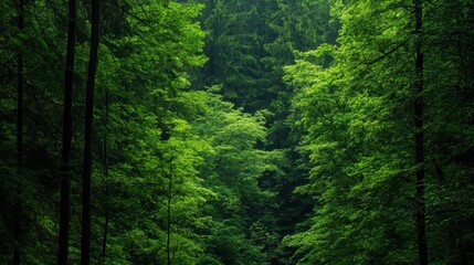 Fototapeta premium Serene Forest Morning with Lush Green Trees and Soft Light Filtering Through