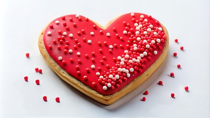 A bright red heart-shaped cookie is delicately sprinkled with tiny hearts and red nonpareils, sitting on a soft white background, exuding love and sweetness.