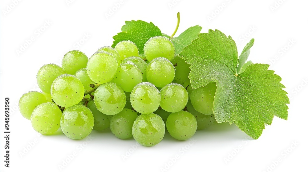 Wall mural A cluster of fresh green grapes with leaves, showcasing their natural beauty and freshness.