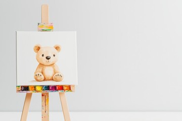 Fototapeta premium Little bear painting on an easel, artistic expression, isolated on white, watercolor style