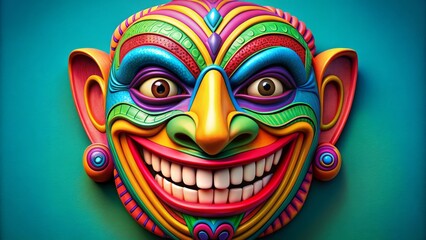 Naklejka premium A brightly colored, comedic mask with exaggerated facial features and a toothy grin, symbolizing humor and playful anonymity in a whimsical, graphic illustration style.