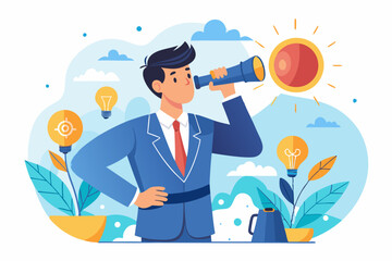 Creativity to help see business opportunity, vision to discover new solution or idea, curiosity, searching for success concept, businessman open lightbulb idea using binoculars to see business vision.