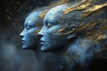 Dual Female Faces with Golden Neural Networks Symbolizing the Cognitive Connection Intellectual Resonance and Emotional Bond in a Surreal Artistic Composition