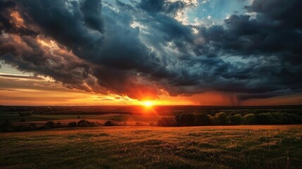 Obraz premium Beautiful Sunset Over Serene Countryside Landscape With Dramatic Clouds