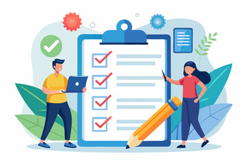 Clipboard with Task Checklist and Checkmark, Work Completion Tracking, Business Professionals Using Pencils, Survey and Questionnaire Concept, Effective Task Management.