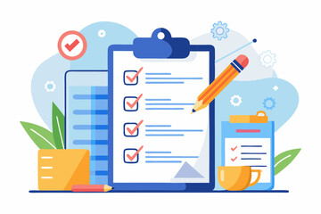 Task checklist, clipboard with to do list checkmark, task management to track work completion, accomplishment, survey or questionnaire concept, business people with pencil and checklist clipboard.
