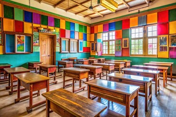 Vibrant classroom filled with rows of wooden desks, colorful charts, and motivational posters, capturing the essence of a lively Indian educational institution.