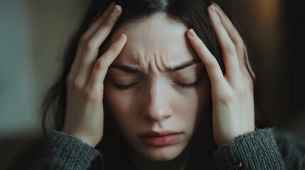 The woman appears troubled, with her hands on her head and eyes shut tightly, conveying her struggle with overwhelming thoughts and emotions. Generative AI