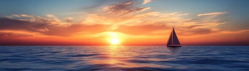 Fototapeta premium Stunning Sunset Over Calm Ocean with Sailboat Silhouette and Vibrant Sky