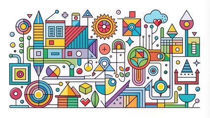 Naklejka premium Vibrant colored lines and geometric shapes converge to form a stylized abstract composition, featuring various icons and symbols, on a clean white background.