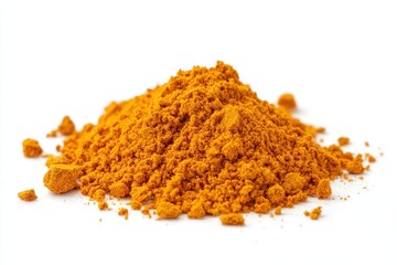 A mound of vibrant yellow-orange spice powder on a white background.