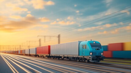 Obraz premium A freight train carrying colorful cargo containers travels across the railway tracks at sunset.