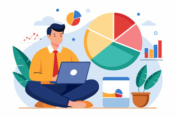 Investment pie chart asset allocation for diversification, financial percentage distribution, budget or marketing analysis chart diagram concept, businessman working with computer laptop on pie chart.
