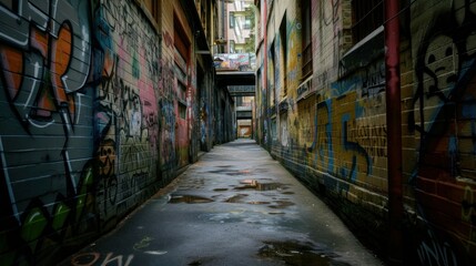 Fototapeta premium A narrow alleyway filled with graffiti on building walls