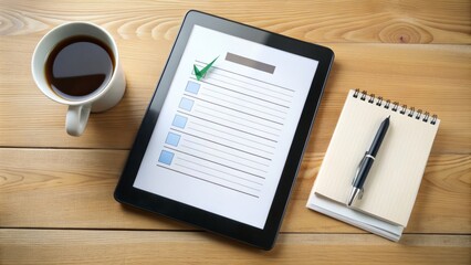 A clutter-free desk with a tablet displaying an invoice, a pen lying adjacent, and a simple checkbox ticked, signifying swift and efficient approval process.