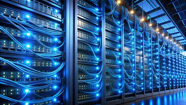 A cluster of interconnected servers with glowing blue lights and cables, representing shared hosting, scalability, and efficient data storage in a modern data center.