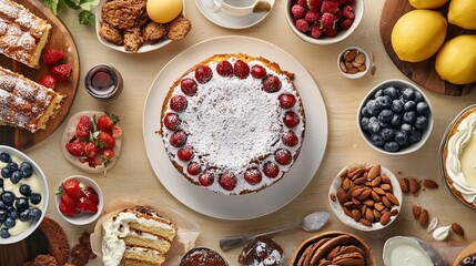 Fototapeta premium Arranged breakfast or bakery items, including a cake, on a kitchen table with extra space for text. This image captures the essence of preparing and enjoying nutritious meals in a domestic setting