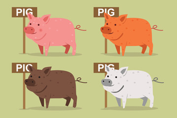 Pig vector flat illustration in various colors