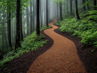 A serene winding path through a lush forest shrouded in mist, inviting exploration and tranquility in nature's embrace.