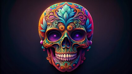 A colorful, ornate skull with intricate designs and patterns, set against a dark background, with a subtle gradient effect, perfect for edgy designs and graphics.