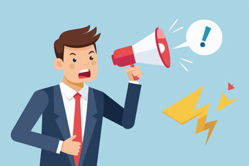 Fototapeta premium Shouting warning message, caution or alert attention, safety or danger announcement, risk or important information, beware or careful sign, businessman shouting on megaphone with exclamation sign. 