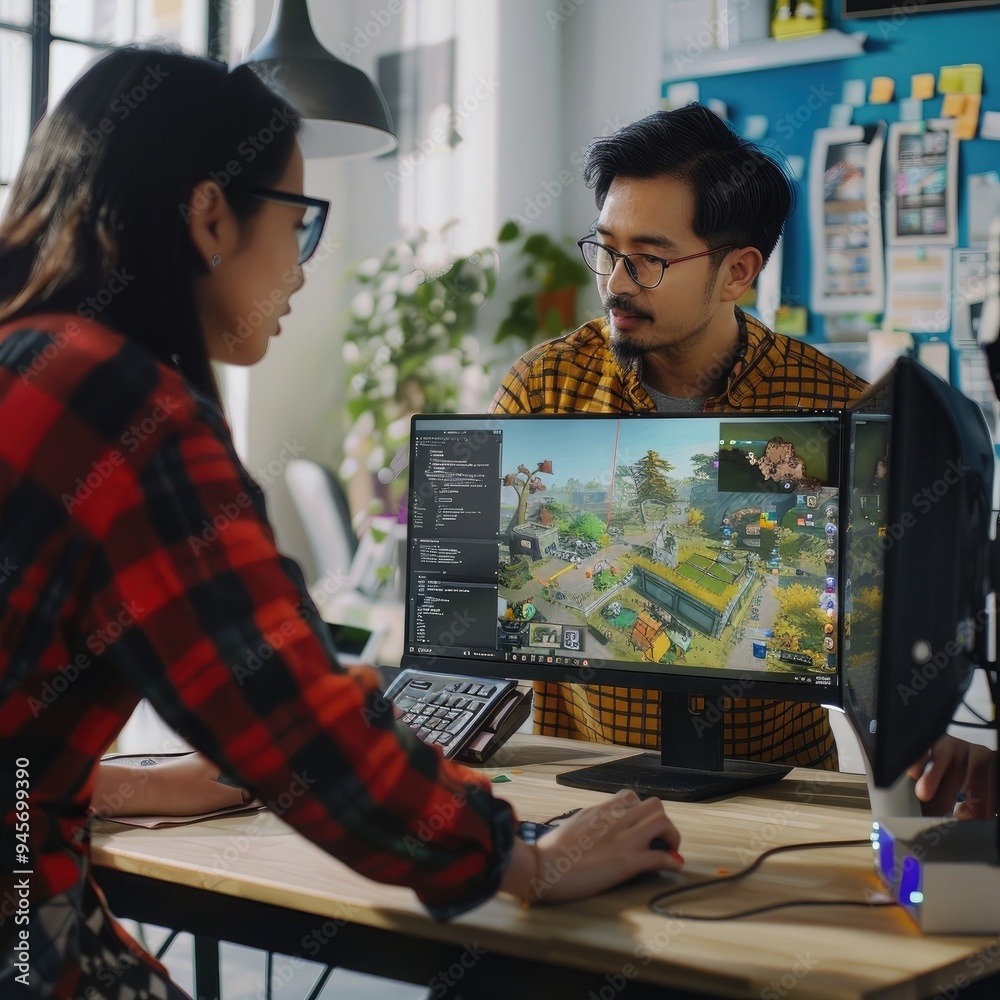 Poster caucasian male game developer using desktop computer with 3d modelling software and talking to asian