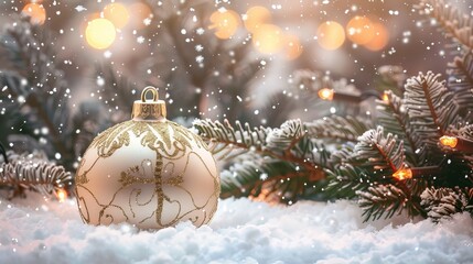 Christmas Ornament in Snow with Festive Lights.