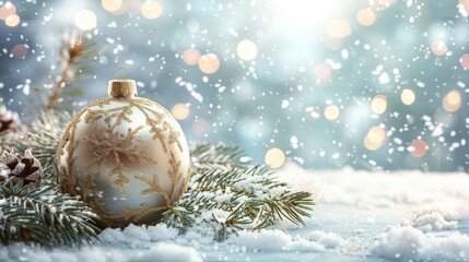 Christmas ornament with snow and pine branch.