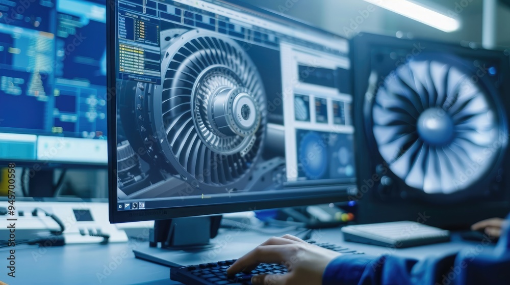 Poster close up of a desktop computer monitor screen with 3d cad software with prototype jet engine project