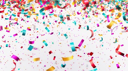 Colorful confetti falling on white background.