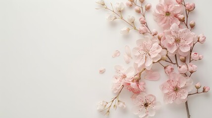 Delicate pink blossoms on a white background copyspace