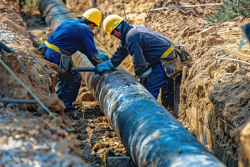 Construction of drinking water plumbing pipeline repair in spring time concept. Workers install underground pipes for water, sewerage electricity and fiber optics for the population of an urban center