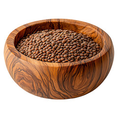 Brown lentils in a wooden bowl on a transparent background, png image
