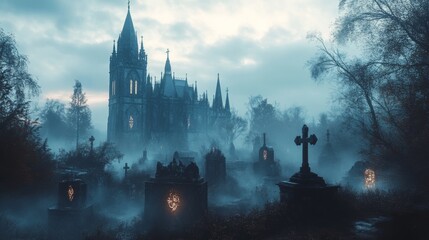 Fototapeta premium Gothic Cathedral and Foggy Graveyard at Duskgothic