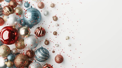 Festive Christmas Baubles Scattered on White Background.