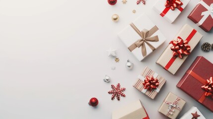 Fototapeta na wymiar Festive Gift Boxes and Christmas Decorations on White Background.