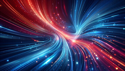 Abstract digital artwork featuring vibrant blue and red light trails swirling against a dark background with glowing dots that add depth and dimension to the design