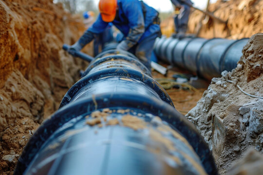 Workers install underground pipes for water, sewerage electricity and fiber optics for the population of an urban center. Construction of drinking water plumbing pipeline repair in spring time concept