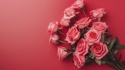 Pink Roses on Red Background Copy Space 
