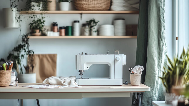 Home sewing workspace desk sewing machine fabric supplies creative craft room organization ideas inspo shelves natural light DIY home project inspiring atmosphere banner background - Powered by Adobe