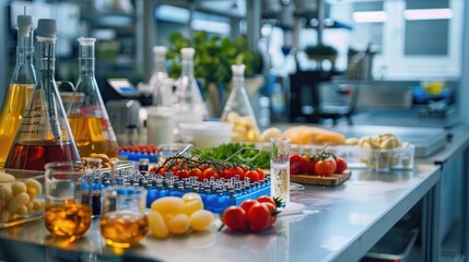 Close-up of a food scientist's desk with food samples and lab equipment, representing a job in food science