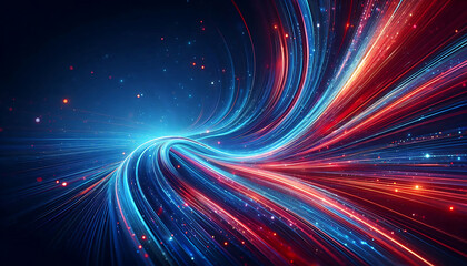 Obraz premium Abstract digital artwork featuring vibrant blue and red light trails swirling against a dark background with glowing dots that add depth and dimension to the design