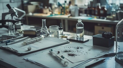 Close-up of a forensic scientist's desk with forensic evidence and lab equipment, symbolizing a job in forensic science