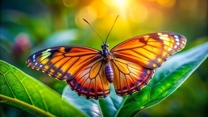 Naklejka premium A delicate, brightly colored butterfly with intricate wing patterns perches on a soft, green leaf, its antennae gently twitching in the warm sunlight.
