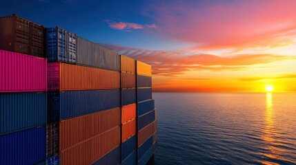 Fototapeta premium Shipping Containers at Sea at Dawn or Sunset with Colorful Sky and Calm Ocean