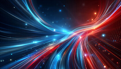 Obraz premium Abstract digital artwork featuring vibrant blue and red light trails swirling against a dark background with glowing dots that add depth and dimension to the design