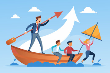 Leadership to lead team to the right direction, employee teamwork to help success, manager to motivate team or company to move forward concept, businessman manager lead people teamwork sailing arrow. 