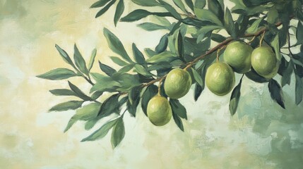 Close-Up of Olive Branch with Green Olives Against a Light Background