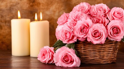 A stunning arrangement of pink roses in a basket beside lit candles, creating a romantic and serene atmosphere.